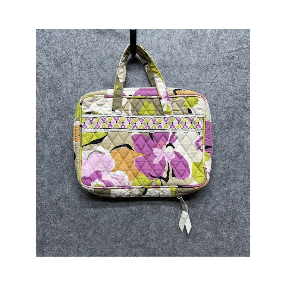 Vera Bradley Quilted Floral Tech Organizer Cosmetic Bag Purple Green Tan Heart